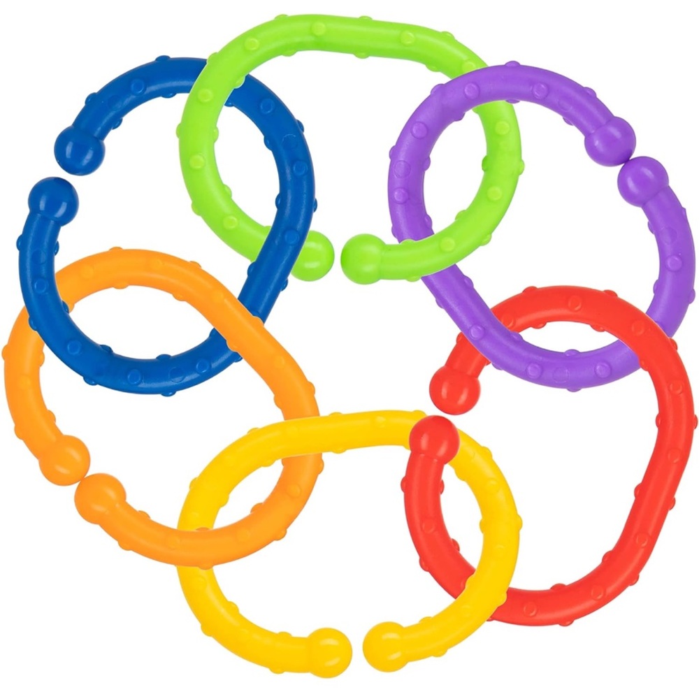 Set of 24 linkable rings for teething, securing toys, matching shapes and colors